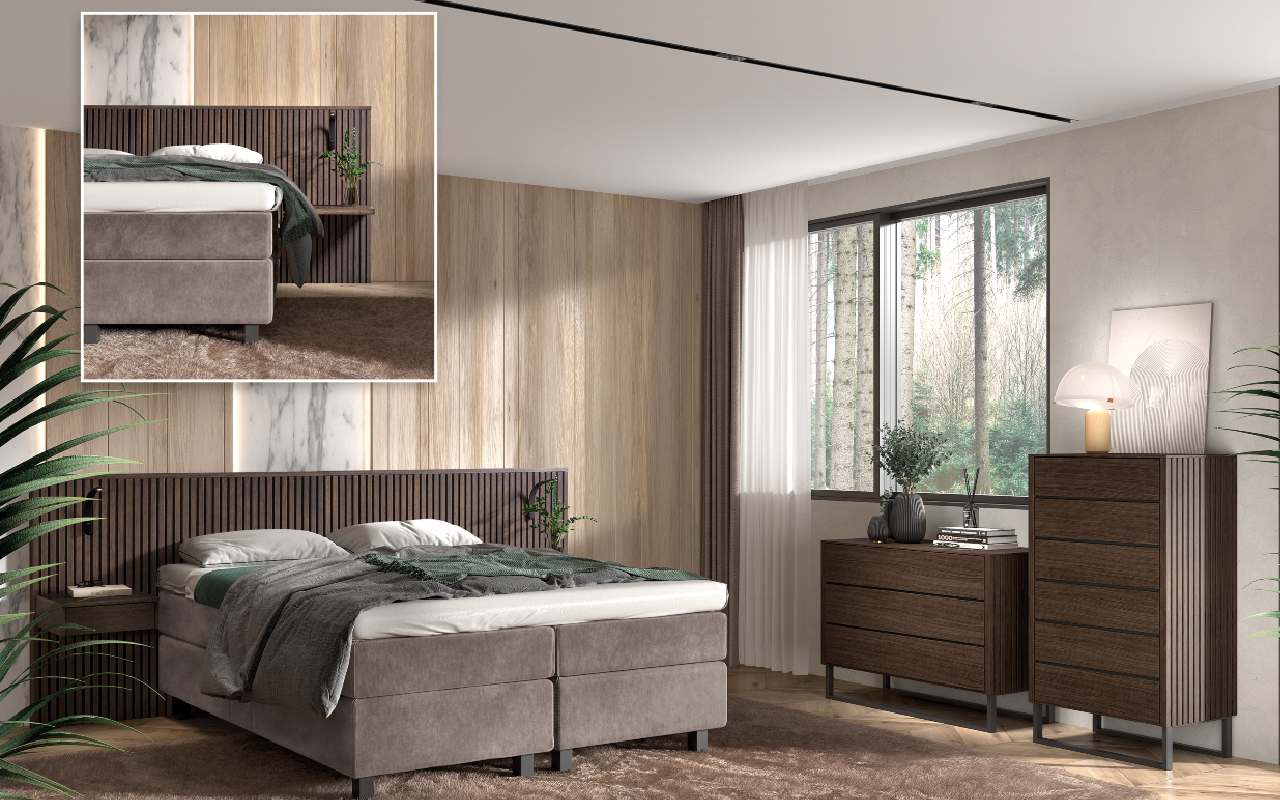 boxspring met houten lattenwand- wandlatten- wallpanel
