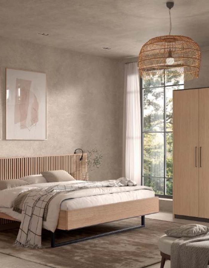 Trendy-bed-met-woodpanel-houtstrips-en-een-kast-met-woodpanel-houtstrips